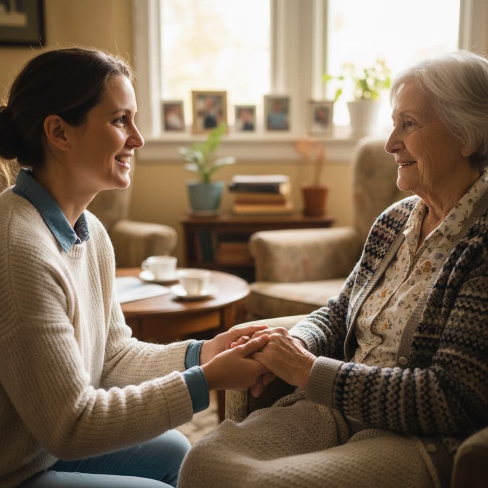 A caregiver holding an older woman's hands and listening to her